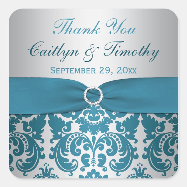 PRINTED RIBBON Silver, Teal Damask Wedding Sticker (Front)