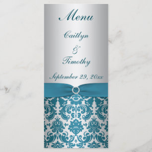 PRINTED RIBBON Silver, Teal Wedding Menu Card