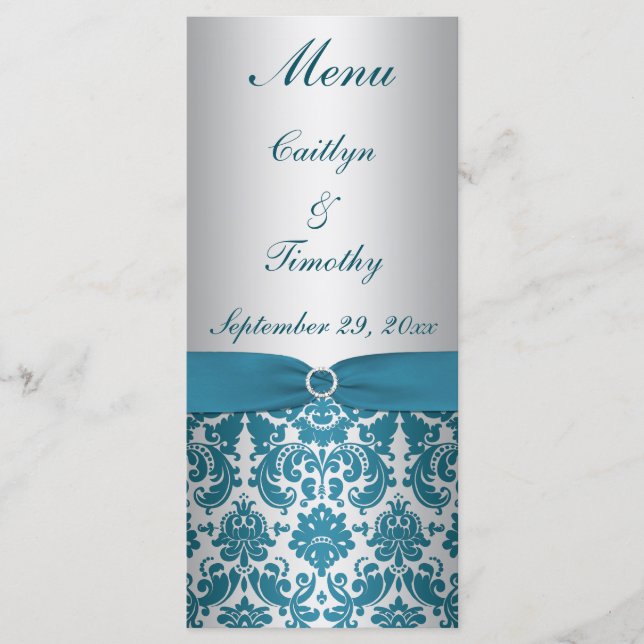 PRINTED RIBBON Silver, Teal Wedding Menu Card (Front)