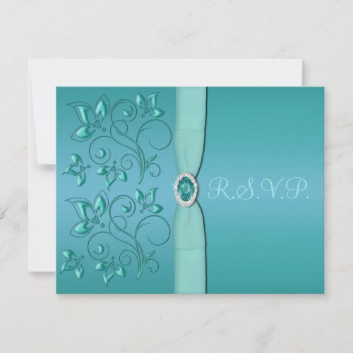 PRINTED RIBBON Teal Aqua Floral RSVP Card