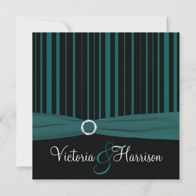PRINTED RIBBON Teal, Black Striped Wedding Invite (Front)