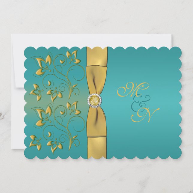 PRINTED RIBBON Teal, Gold Floral Monogram Invite (Front)