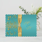 PRINTED RIBBON Teal, Gold Floral Monogram Invite (Standing Front)