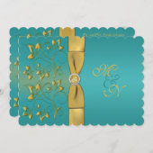 PRINTED RIBBON Teal, Gold Floral Monogram Invite (Front/Back)