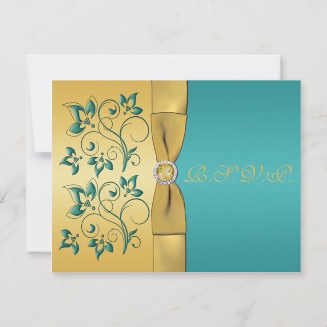 PRINTED RIBBON Teal, Gold Floral Reply Card (Front)