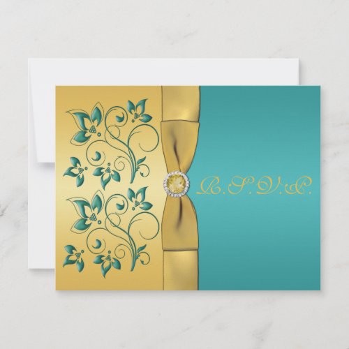 PRINTED RIBBON Teal, Gold Floral Reply Card