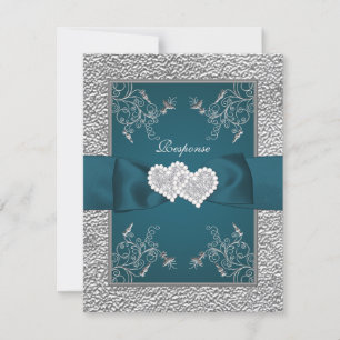 PRINTED RIBBON Teal, Gray Joined Hearts RSVP Card