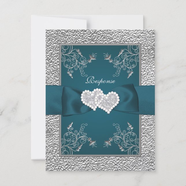 PRINTED RIBBON Teal, Gray Joined Hearts RSVP Card (Front)