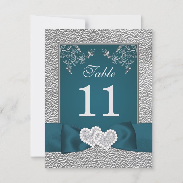 PRINTED RIBBON Teal Gray Joined Hearts Table Card (Front)