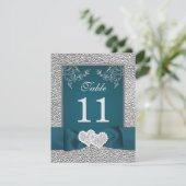 PRINTED RIBBON Teal Gray Joined Hearts Table Card (Standing Front)