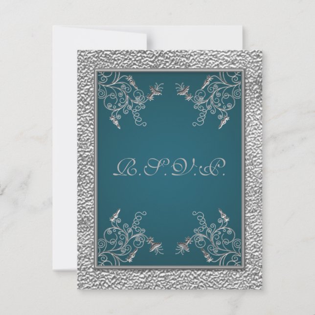 PRINTED RIBBON Teal on FAUX Pewter RSVP Card (Front)