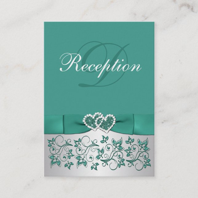 PRINTED RIBBON Teal, Silver Floral Enclosure Card (Front)