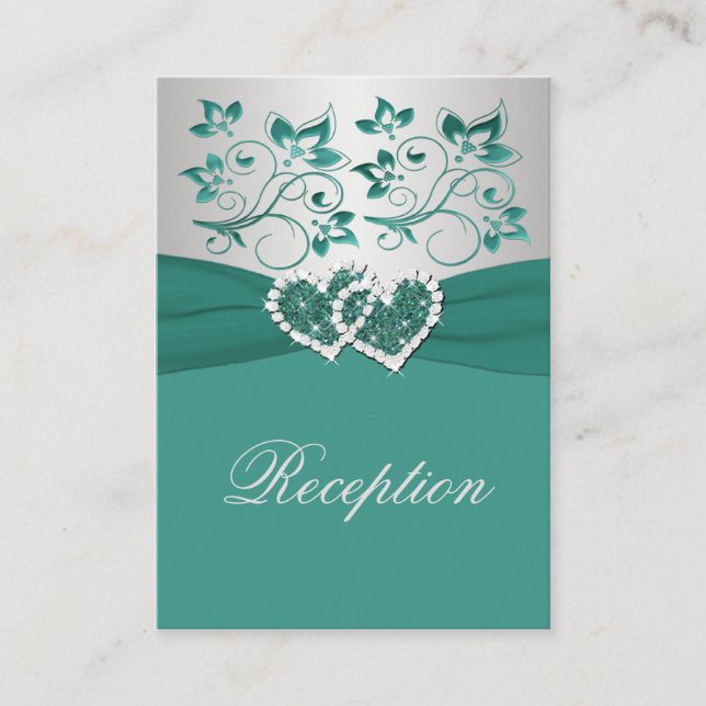 PRINTED RIBBON Teal, Silver Floral Enclosure Card (Front)