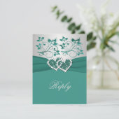PRINTED RIBBON Teal, Silver Floral Reply Card (Standing Front)