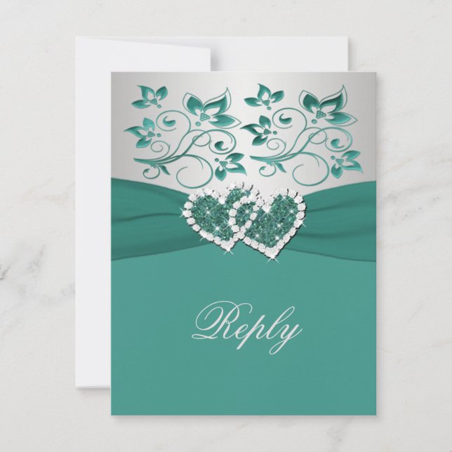 PRINTED RIBBON Teal, Silver Floral Reply Card (Front)
