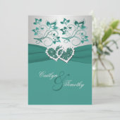 PRINTED RIBBON Teal Silver Joined Hearts Invite (Standing Front)