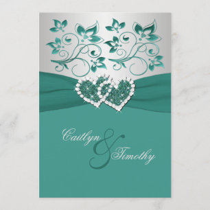 PRINTED RIBBON Teal Silver Joined Hearts Invite