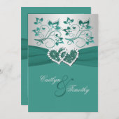 PRINTED RIBBON Teal Silver Joined Hearts Invite (Front/Back)