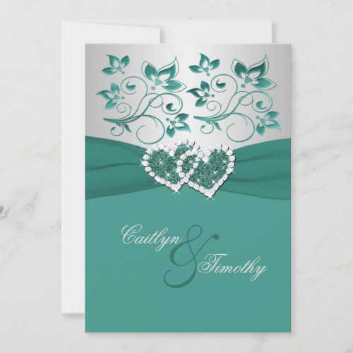 PRINTED RIBBON Teal Silver Joined Hearts Invite