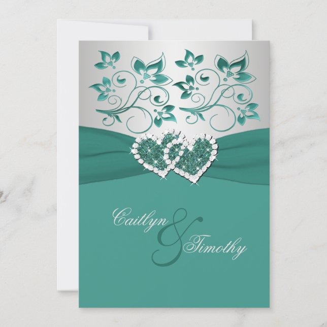 PRINTED RIBBON Teal Silver Joined Hearts Invite (Front)