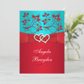 PRINTED RIBBON Turquoise Red Floral Wedding Invite (Standing Front)