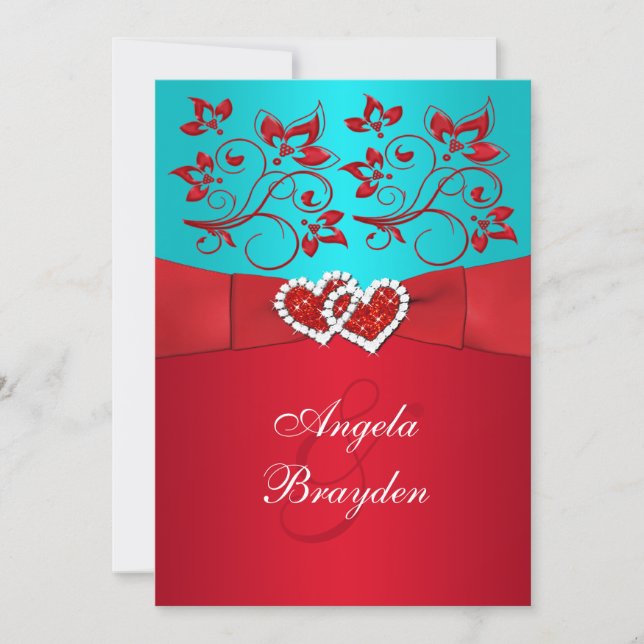 PRINTED RIBBON Turquoise Red Floral Wedding Invite (Front)