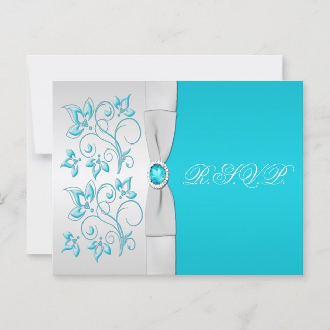PRINTED RIBBON Turquoise, Silver Floral RSVP Card (Front)