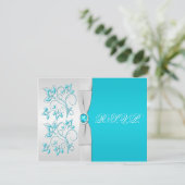 PRINTED RIBBON Turquoise, Silver Floral RSVP Card (Standing Front)