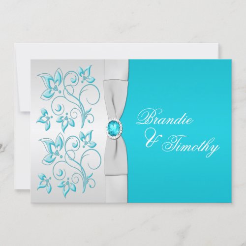 PRINTED RIBBON Turquoise, Silver Floral Wedding Personalized Announcements