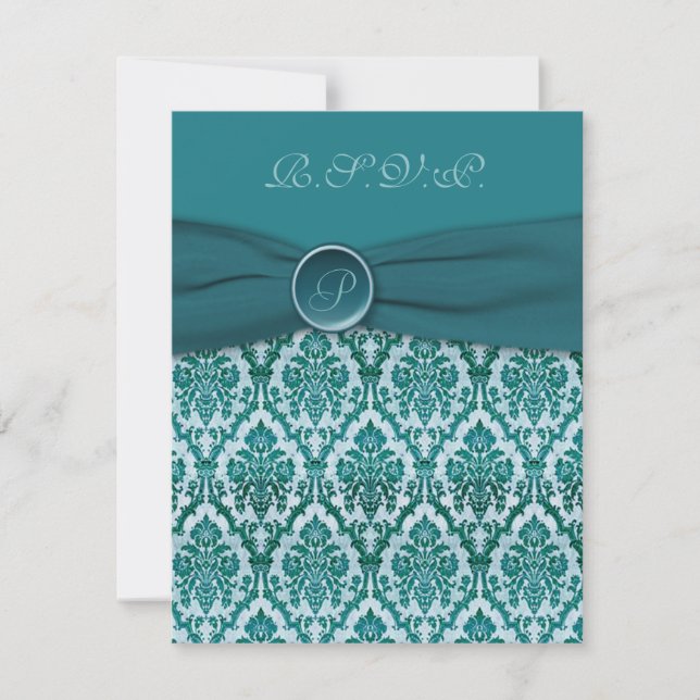 PRINTED RIBBON Vintage Teal Damask Reply Card (Front)