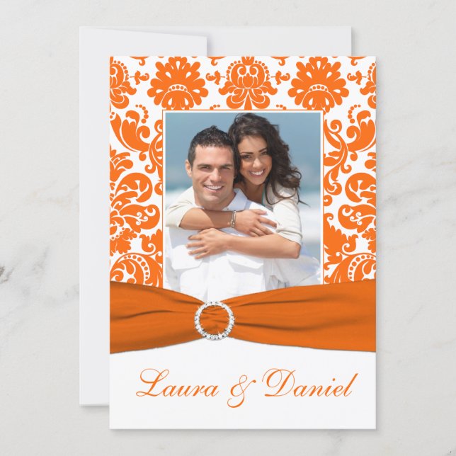 PRINTED RIBBON White, Orange Damask Wedding Invite (Front)