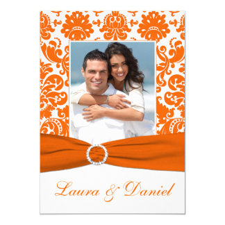 PRINTED RIBBON White, Orange Damask Wedding Invite