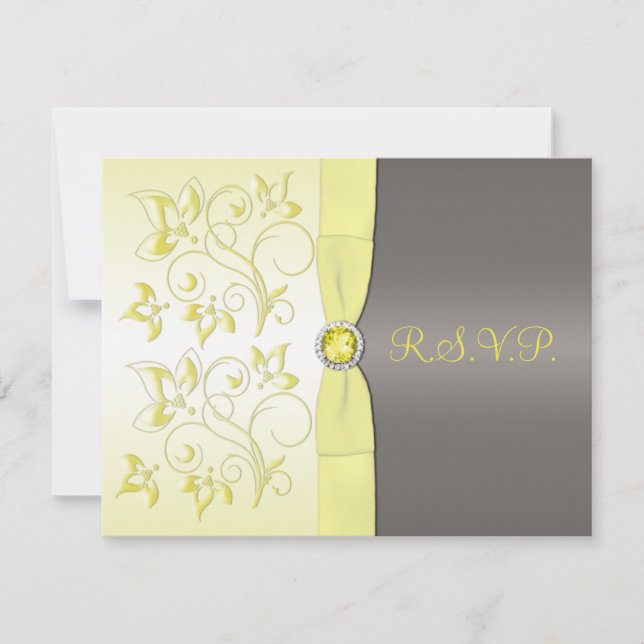 PRINTED RIBBON Yellow, Gray Floral RSVP Card (Front)