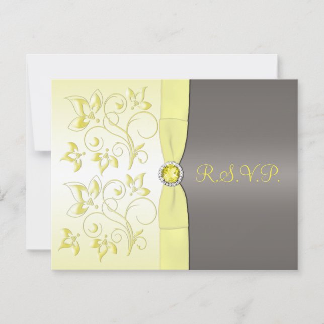 PRINTED RIBBON Yellow, Gray Floral RSVP Card (Front)