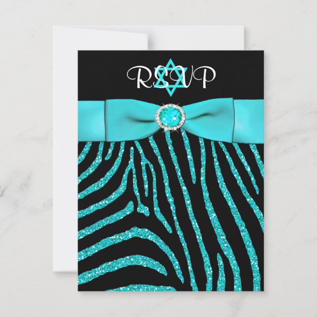PRINTED RIBBON Zebra, Blue FAUX Glitter RSVP Card (Front)