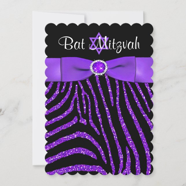 PRINTED RIBBON Zebra Glitter Bat Mitzvah Invite 4 (Front)