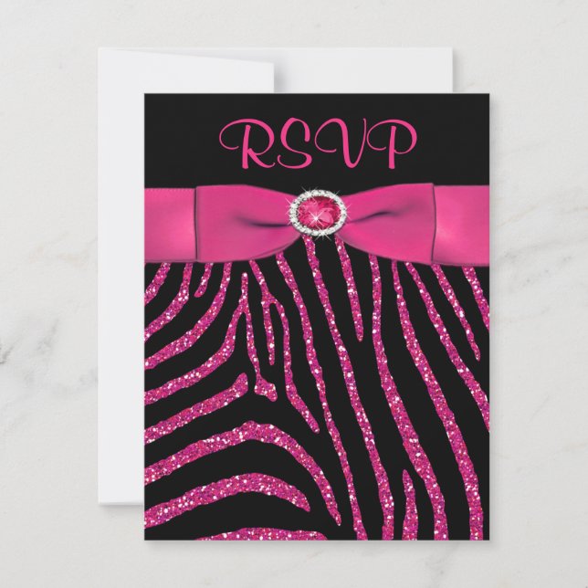 PRINTED RIBBON Zebra Pink FAUX Glitter RSVP Card (Front)