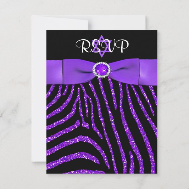 PRINTED RIBBON Zebra Purple FAUX Glitter RSVP Card (Front)