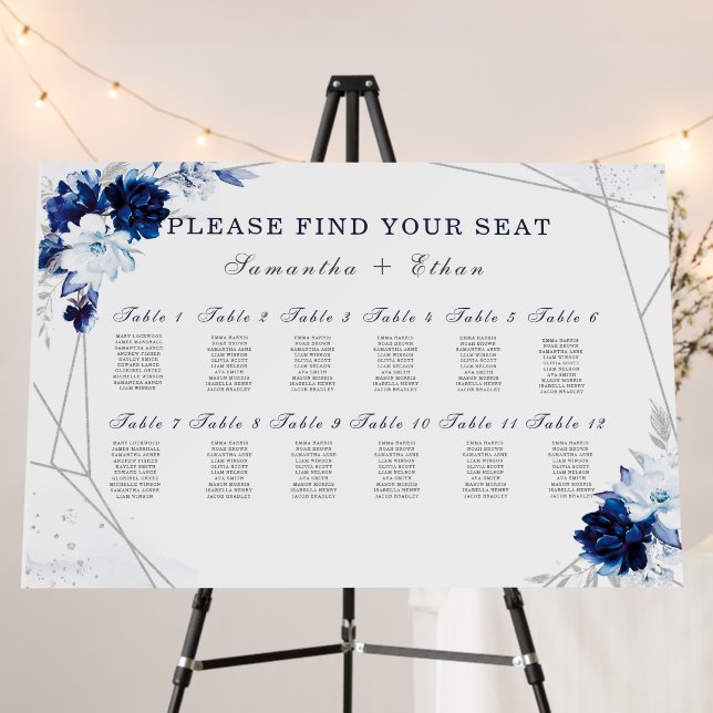 Printed Royal Blue and Silver Seating Chart Foam Board (In Situ (Stand))