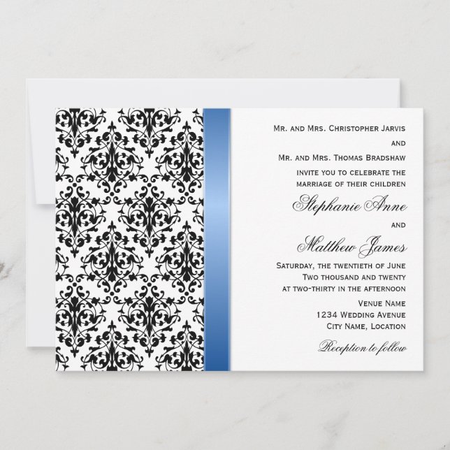 Printed Royal Blue Ribbon and Damask Wedding Invitation (Front)