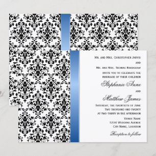 Printed Royal Blue Ribbon and Damask Wedding Invitation