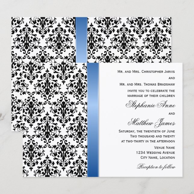 Printed Royal Blue Ribbon and Damask Wedding Invitation (Front/Back)
