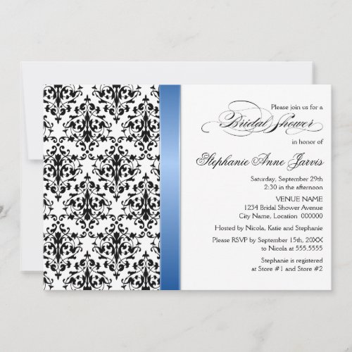 Printed Royal Blue Ribbon Damask Bridal Shower Custom Announcements