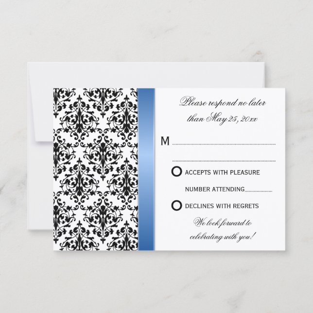 Printed Royal Blue Ribbon Damask Wedding RSVP Invitation (Back)
