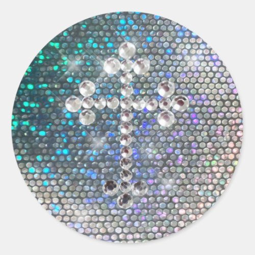 Printed Silver Bling Cross Classic Round Sticker