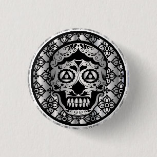 Printed silver metallic effect sugar skull on dams button