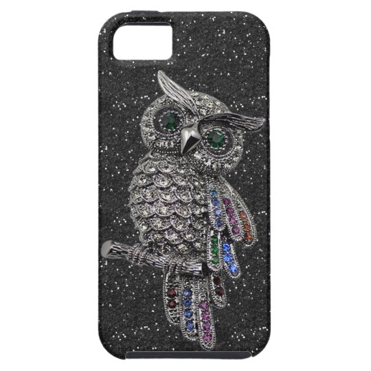 Printed Silver Owl & Jewels Black Glitter iPhone SE/5/5s Case