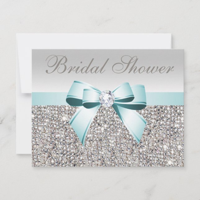 Printed Silver Sequin Teal Bow Image Bridal Shower Invitation (Front)