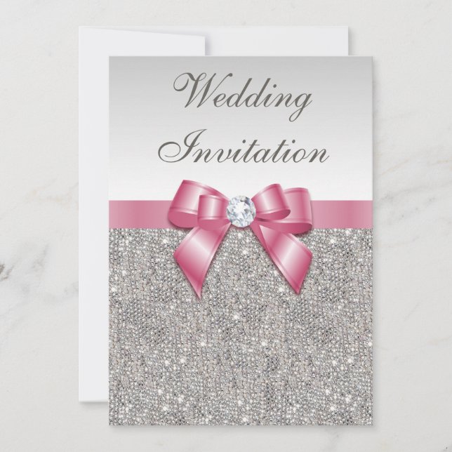 Printed Silver Sequins and Bow Pink Wedding Invitation (Front)