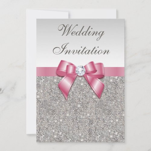 Printed Silver Sequins and Bow Pink Wedding Invitation